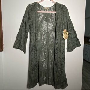 ONE WORLD Forest Green Open Knit Cardigan XS Y2K Styling Winter Layer Lagenlook